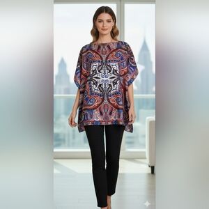 ETRO Milano Top 100% Silk Poncho Scarf Tunic Caftan Red Blue White Paisley OS